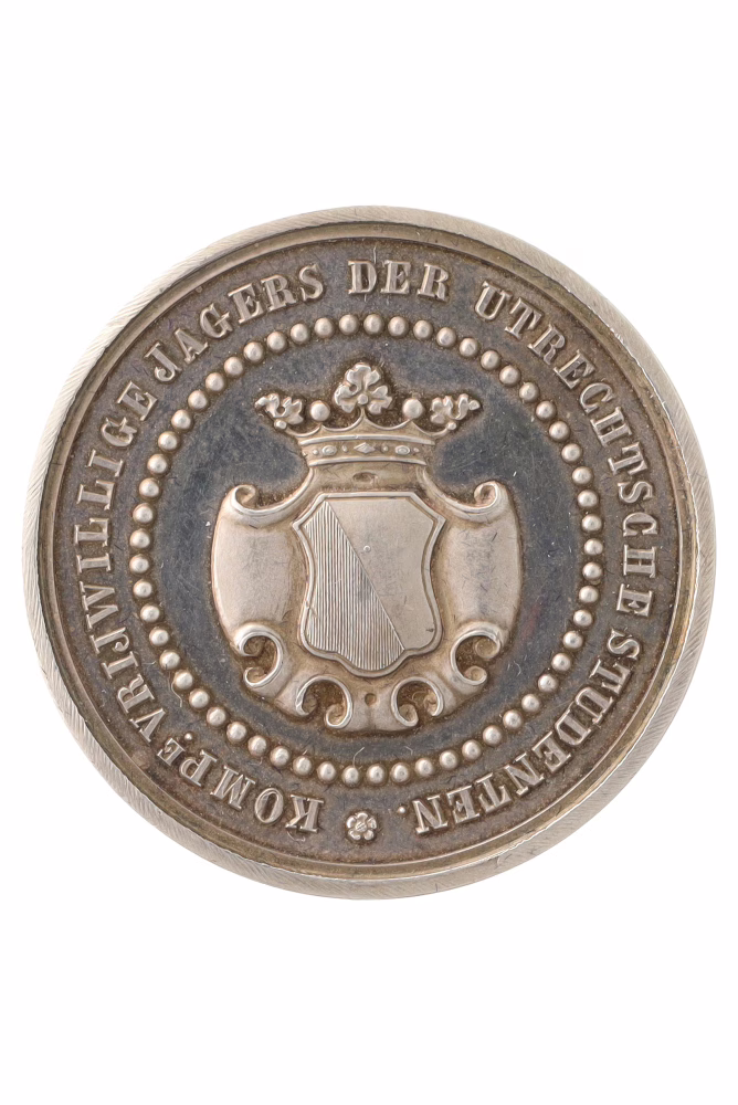 The Commemorative Medal of the Volunteer Hunters of the Utrecht Students 1815, obverse of a military decoration bearing the inscription ‘COMPANY OF VOLUNTEER HUNTERS OF THE UTRECHT STUDENTS’